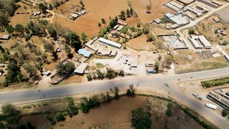 Birdseye-aerial-view-of-loitokitok-rural-village,-shanty-poor-neighborhood-of-Nairobi,-Kenya