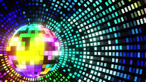 Multicolored-disco-ball-in-front-of-multicolored-background.-Loop-animation