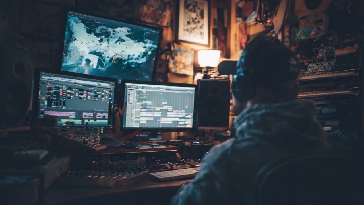 A Music Producer Deeply Engaged in Creation: Capturing the Moment in a Home Studio with Immersive Sound Editing and Multiple Screens in View
