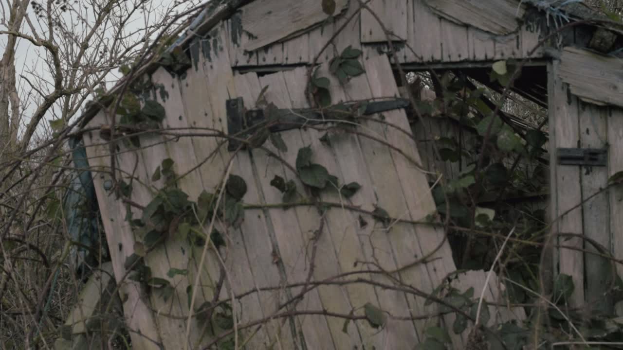 Derelict broken abandoned shed leaning near collapse