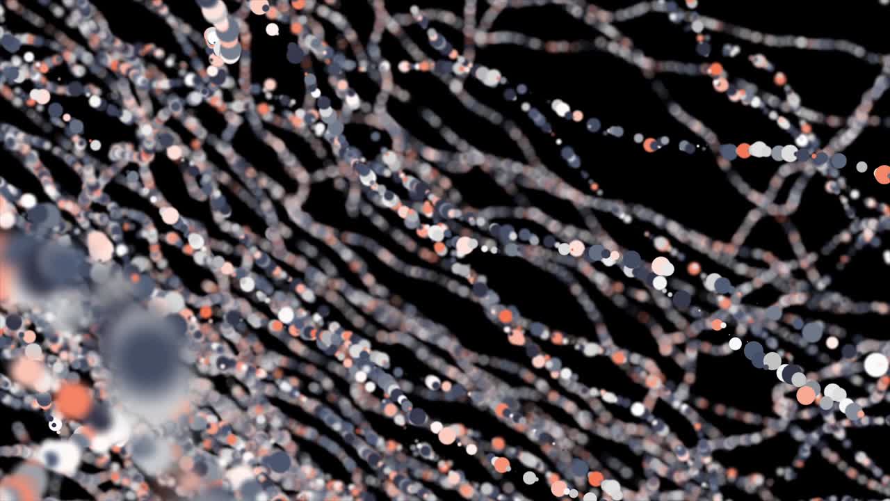 cantidad interminable de filas de bokeh que fluyen caóticamente en fondo negro, bucle sin costuras. animación. hermosos hilos abstractos de círculos volando en la oscuridad