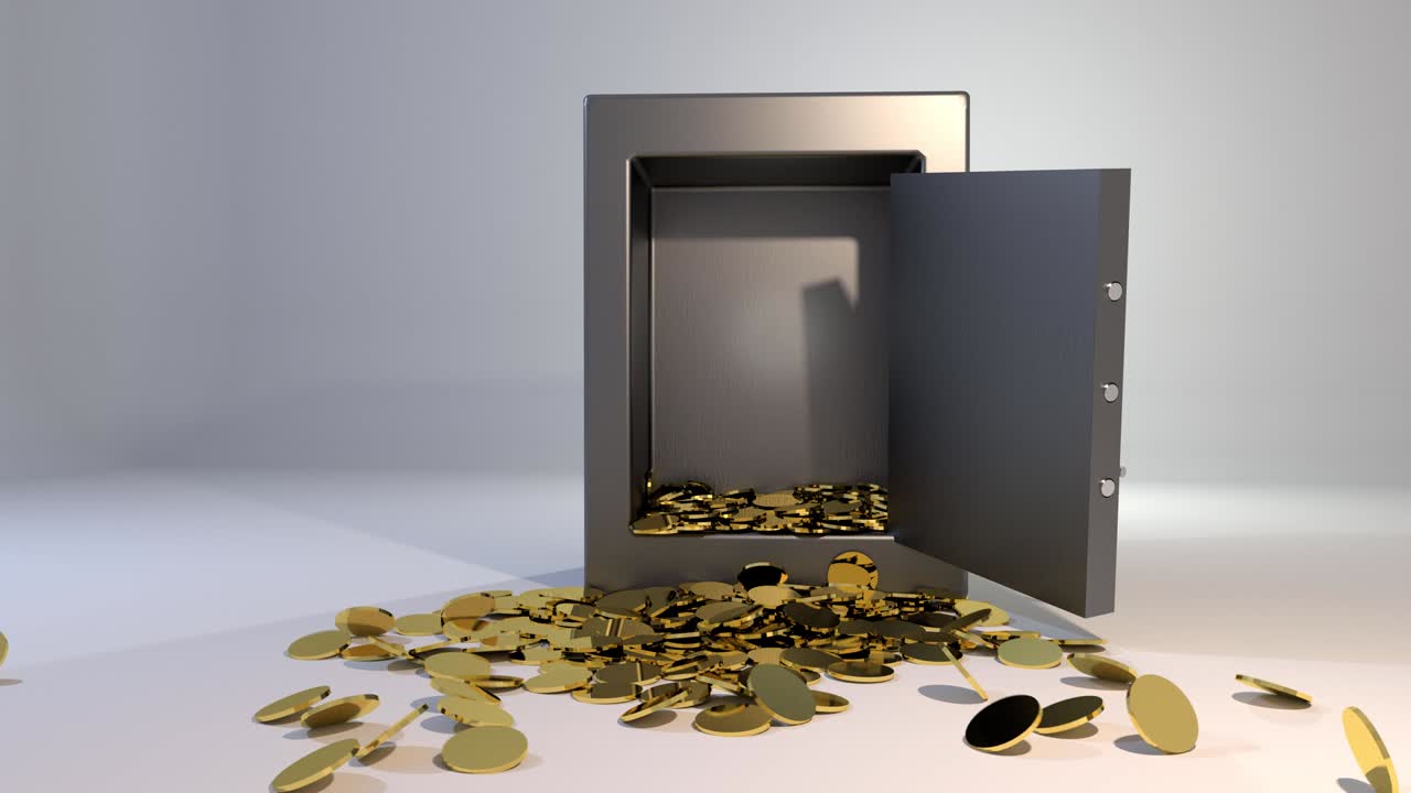 la caja fuerte cae derramando monedas de oro cayendo derramando valiosas ganancias aterrizaje de tierra 4k