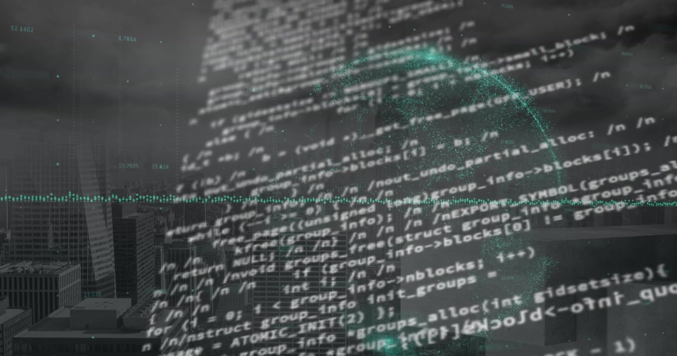 Animation of data processing over cityscape