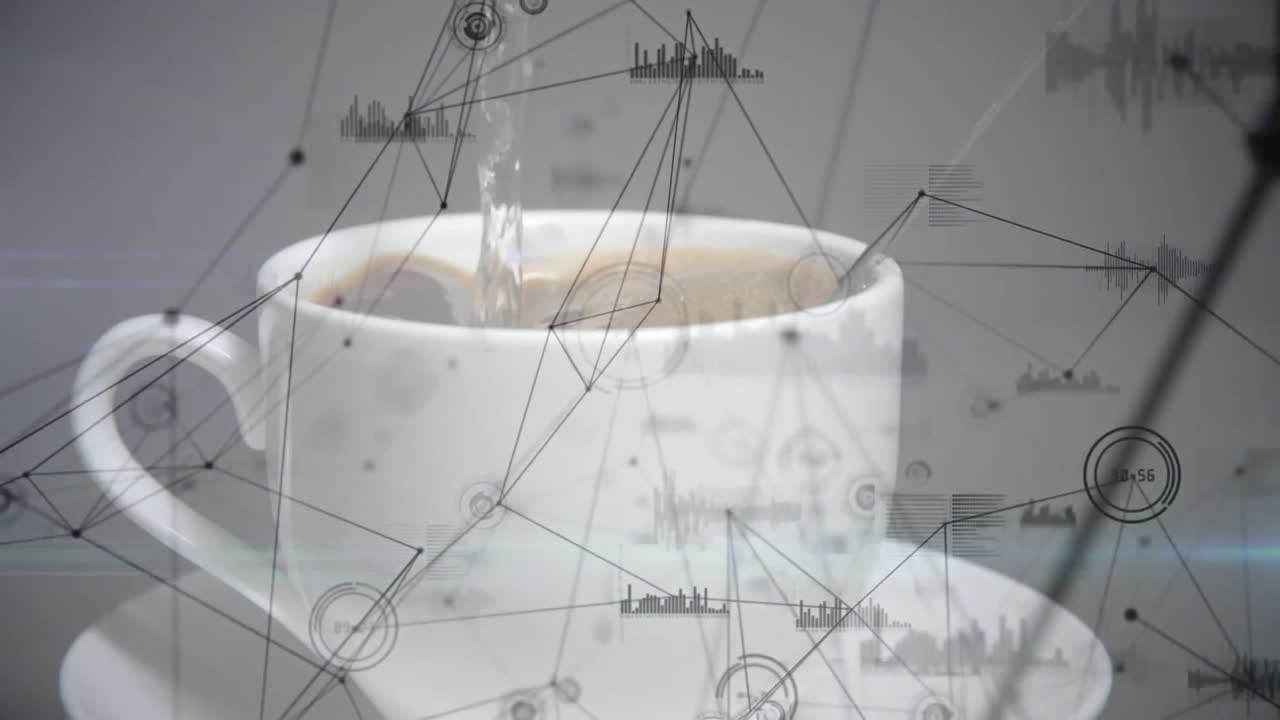 White ceramic coffee cup and saucer being filled, with digital overlay and bar charts animating