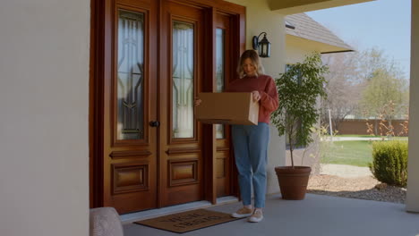 woman receiving a package at her front door