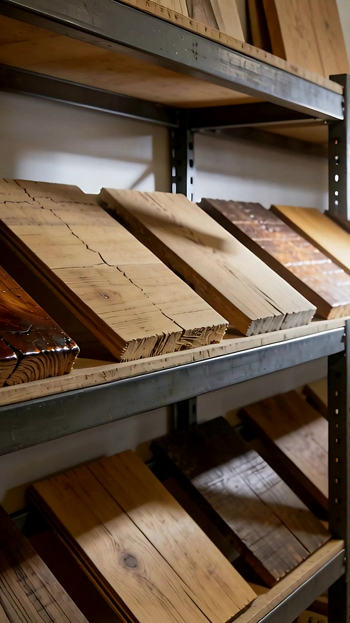 Video verticale: Inizio di una ripresa panoramica con la telecamera che si muove lungo gli scaffali in un'officina, mostrando assi di legno grezzo scure.