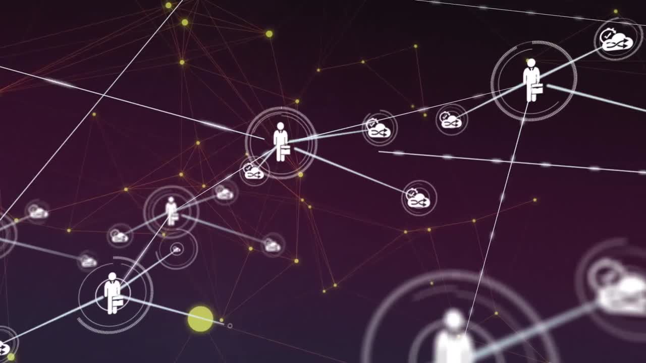 Animation of network of connections with icons over purple background with constellations