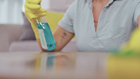 woman, hands and detergent for housekeeping wiping