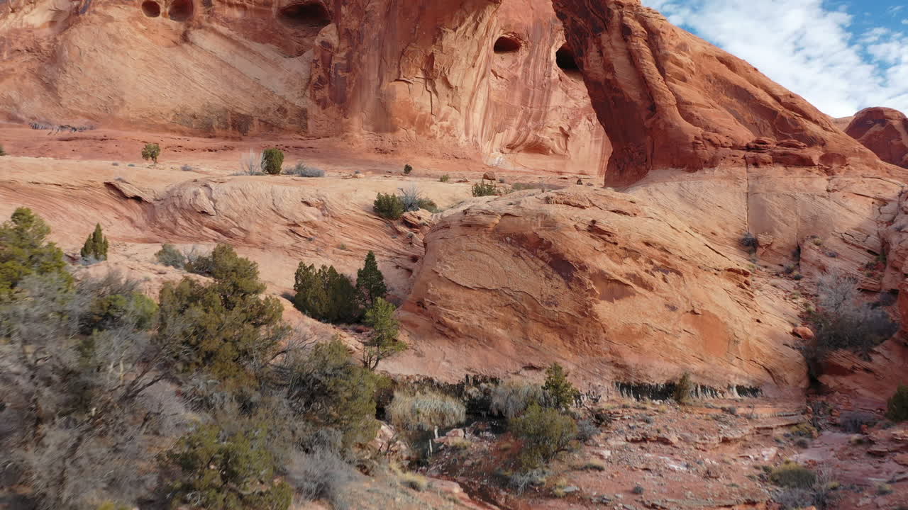 Ripresa aerea panoramica del Parco Nazionale del Grand Canyon nello Utah, Stati Uniti, con arbusti verdi visibili e vegetazione secca e arida in una giornata di sole.