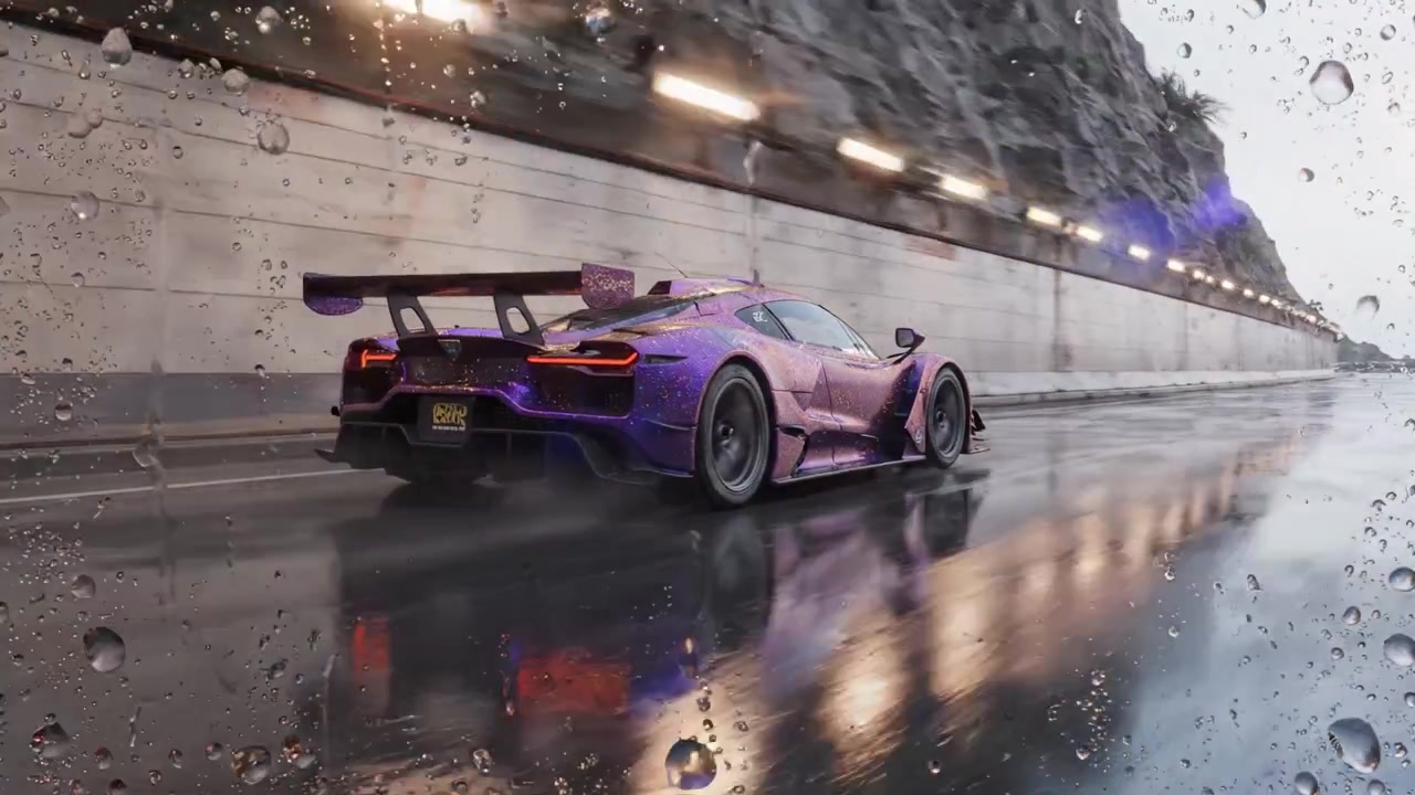 En Fantastisk Lilla Sportsbil Racer Gennem et Regnfuldt Bylandskab, der Fremviser Dynamisk Design og Høj Ydeevne på en Våd Asfaltbane