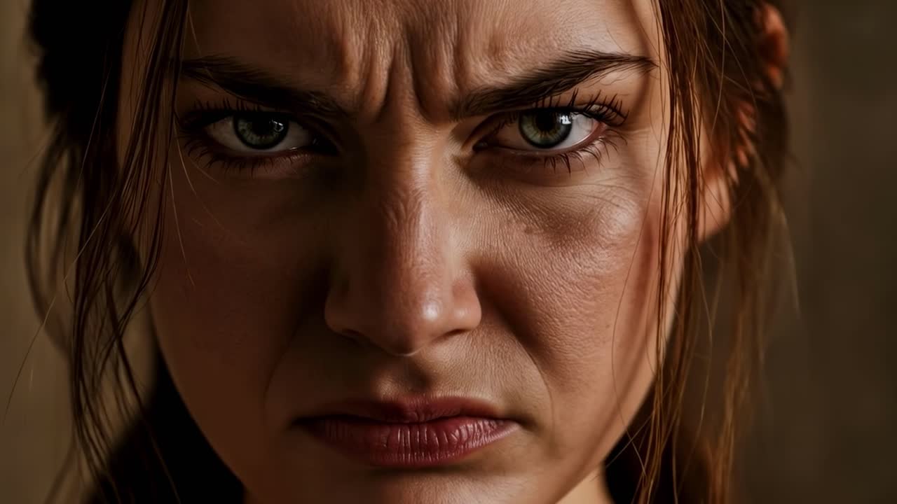 A powerful and intense close-up shot vividly conveys a deep sense of determination and remarkable strength through dramatic expression