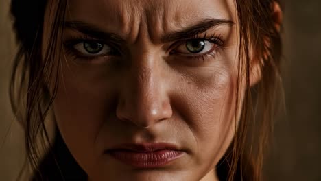 a powerful and intense close-up shot vividly conveys a deep sense of determination and remarkable strength through dramatic expression
