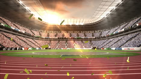 animation of golden confetti falling against view of sports stadium