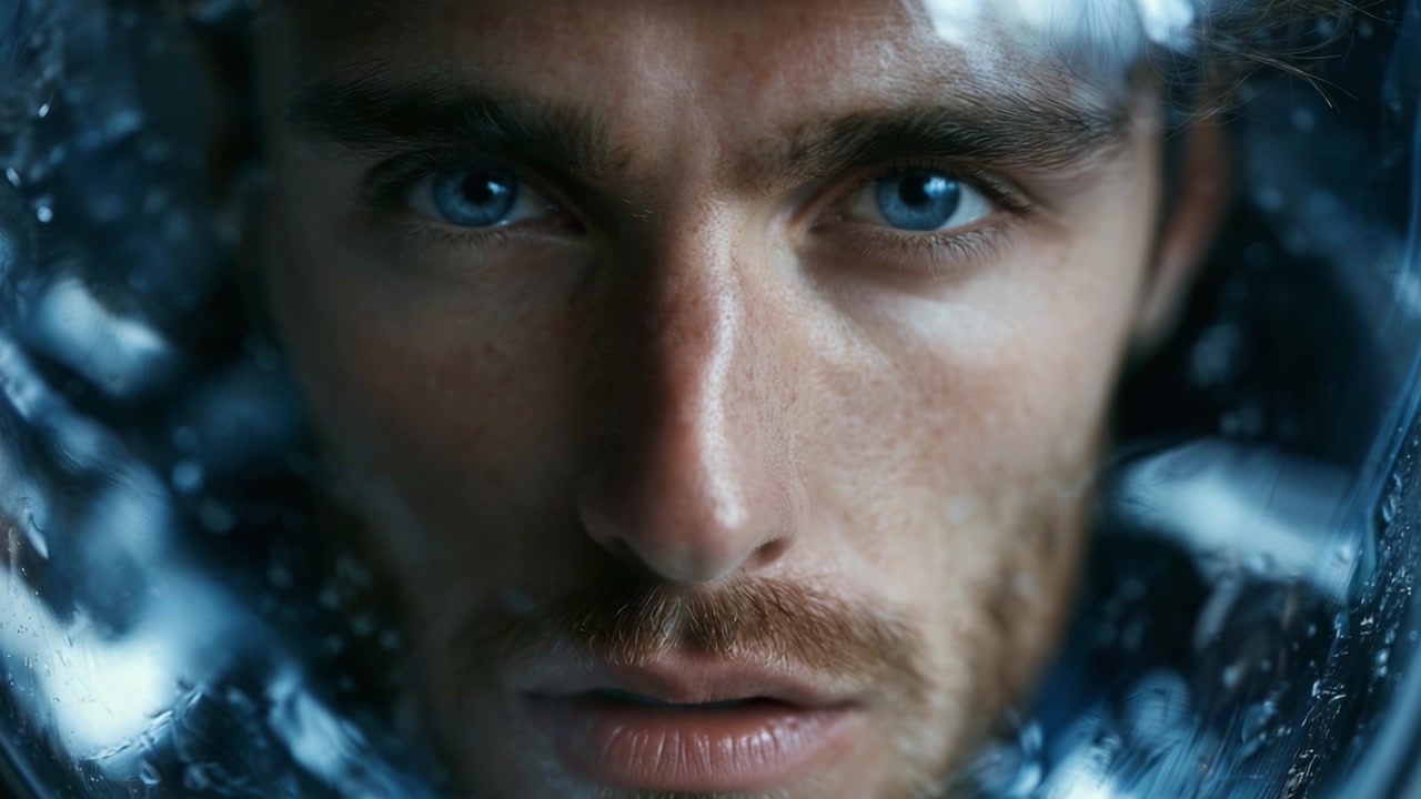 Close-up de um astronauta contemplativo encapsulado em um capacete reflexivo, capturando a profundidade das emoções e do assombro em uma exploração espacial.
