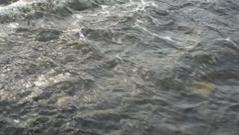 a look from above at the surface of a fast-moving river on a sunny spring day. close-up of waves and swirls. hypnotic movement of water. surrealism. 4k.