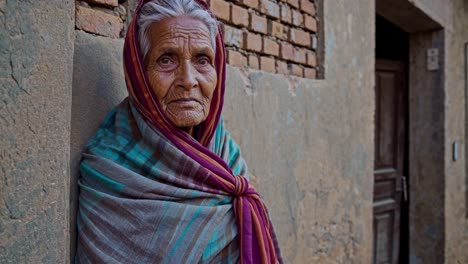 elderly woman, wrapped in a vibrant shawl, stands serenely against a weathered brick wall, her gaze meeting the viewer, embodying wisdom and resilience