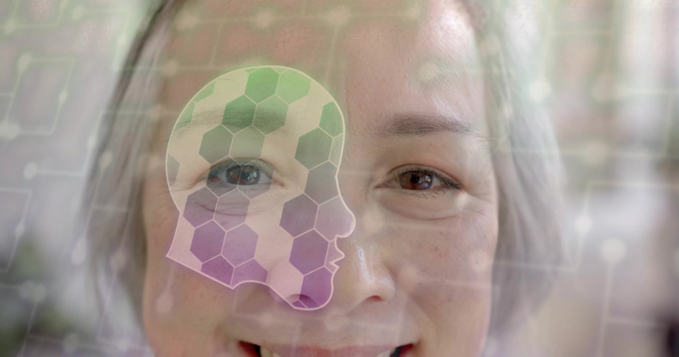 Woman gazing into camera while hex mesh overlay settling, initiating AI facial scanning and smiling