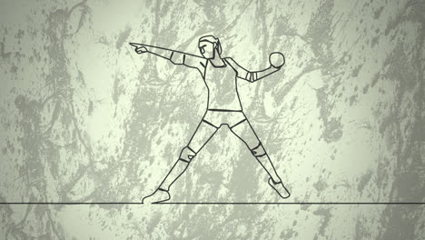 animation of drawing of female handball player throwing ball and shapes on white background