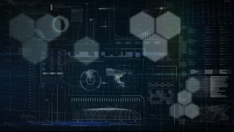 animation of data processing and network of screens with flickering hexagons