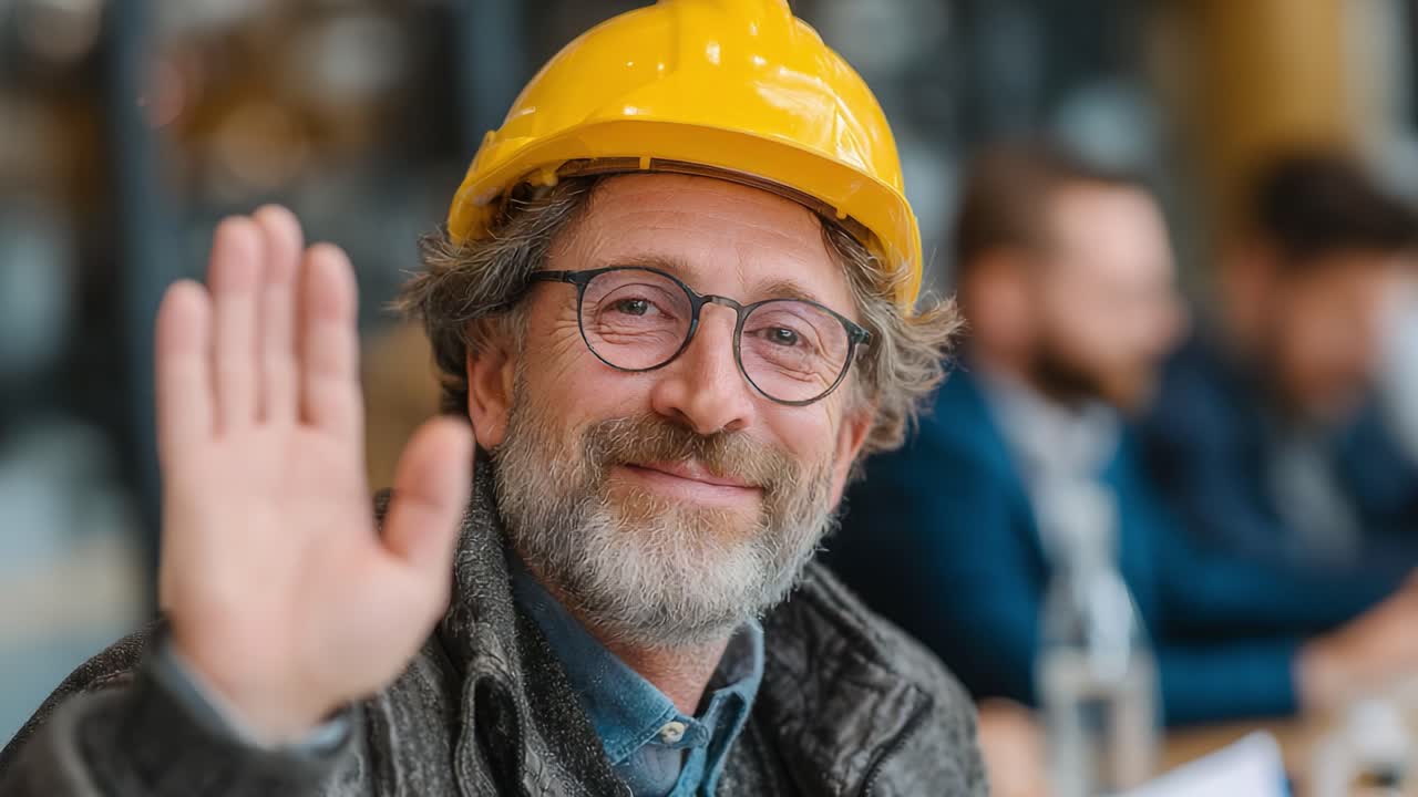 A Friendly Construction Worker Waves Enthusiastically in a Meeting Environment, Showcasing Collaboration and Professionalism with a Bright Yellow Hard Hat