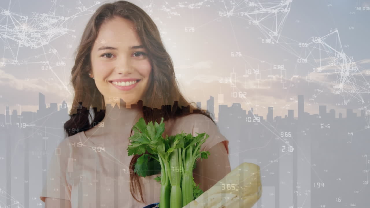도시 풍경에 대한 식료품을 가진 백인 여성에 대한 통계 데이터 처리의 애니메이션