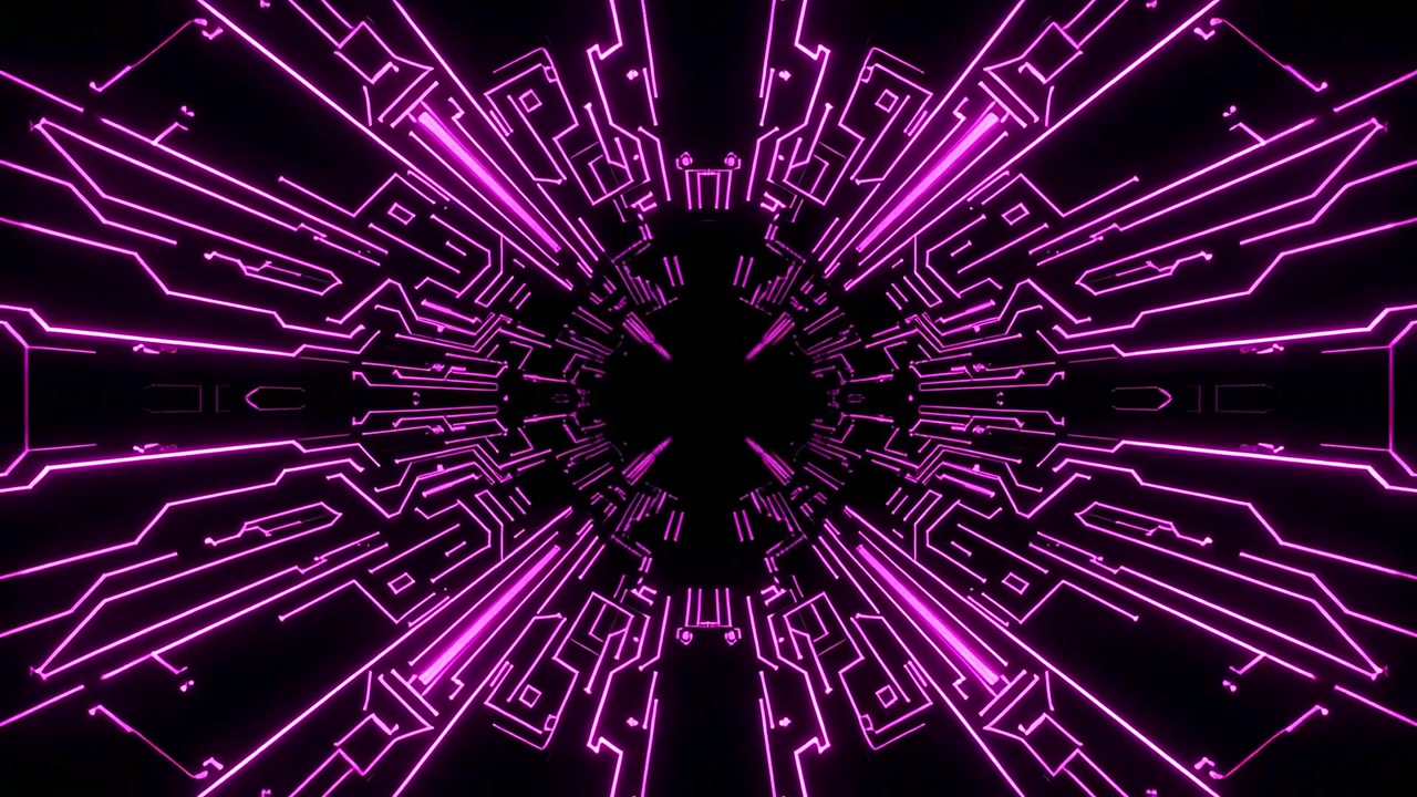 Volando attraverso un tunnel futuristico di circuiti digitali viola