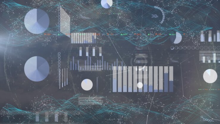 Animation of statistical data processing over digital waves against grey background