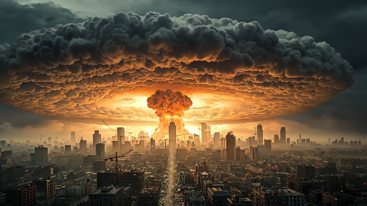 Orange flash erupting, mushroom cloud ascending over skyscrapers and crane signaling nuclear blast