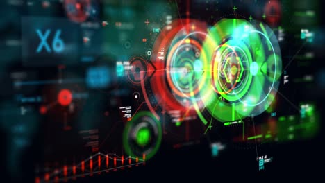 puntero objetivo y interfaz de usuario futurista hud gui elemento de número de texto digital para tecnología cibernética concepto con poca profundidad de campo oscuro y procesado de grano