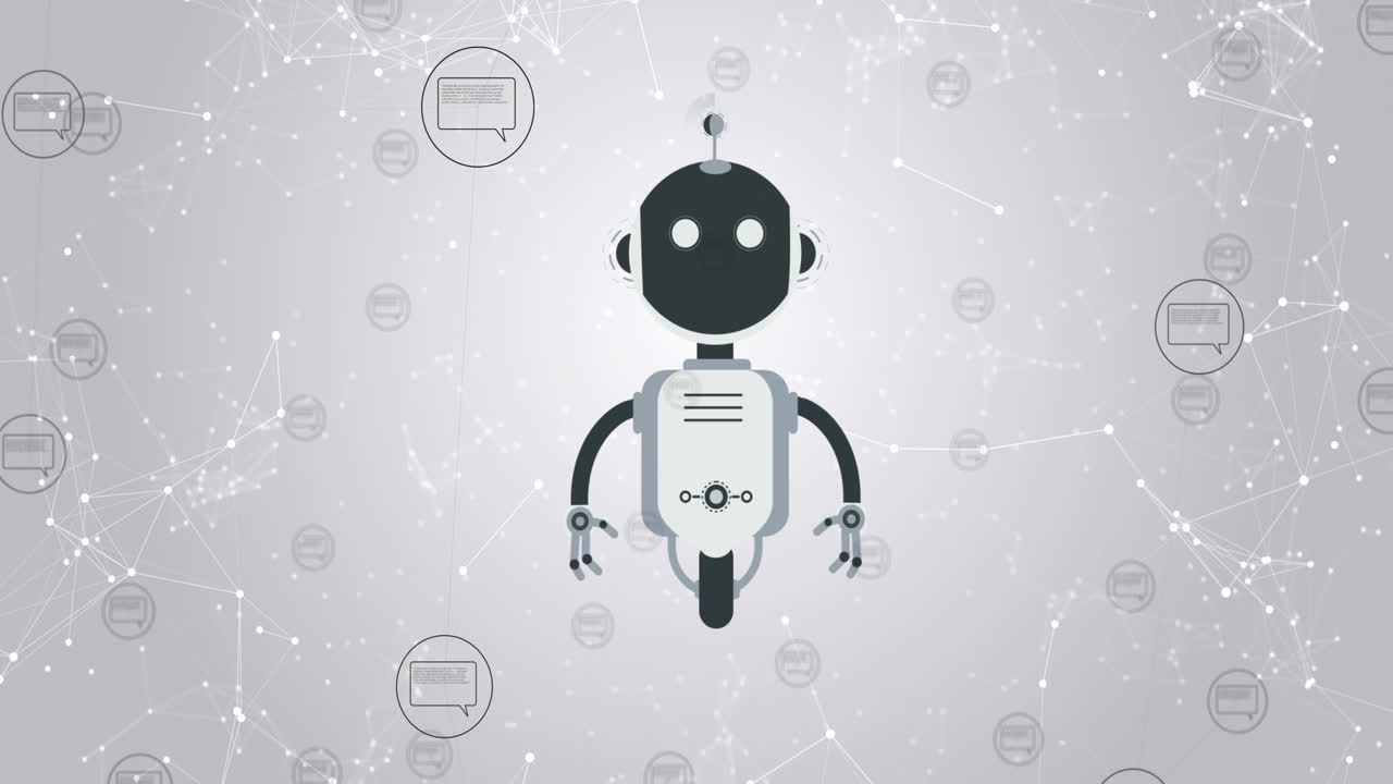 Animation of ai robot icon and digital interface on grey background