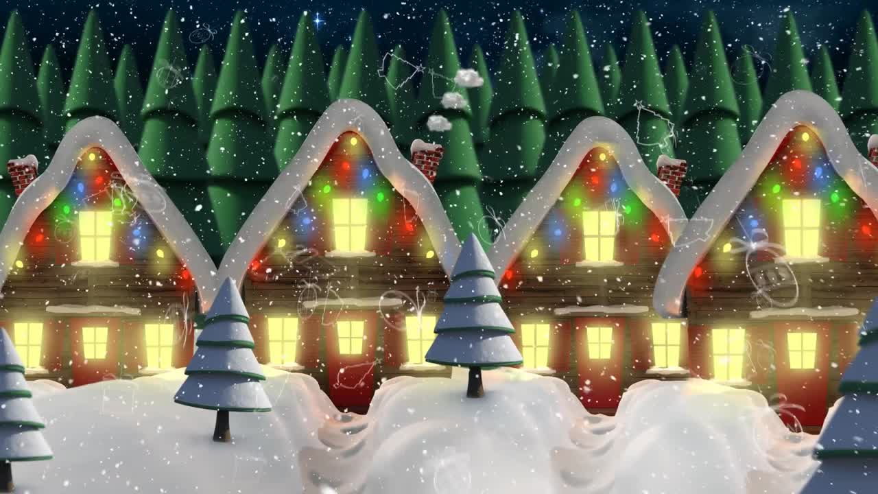 여러 나무 와 집 이 있는 겨울 풍경 에 눈 이 내리고 있다