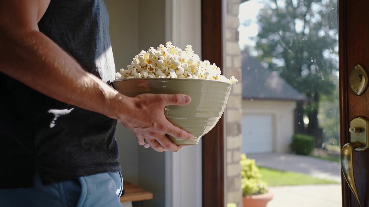 Entrando da sinistra, uomo con maglietta scura e pantaloncini azzurri che porta una ciotola di popcorn, fermandosi accanto a una porta a vetri.