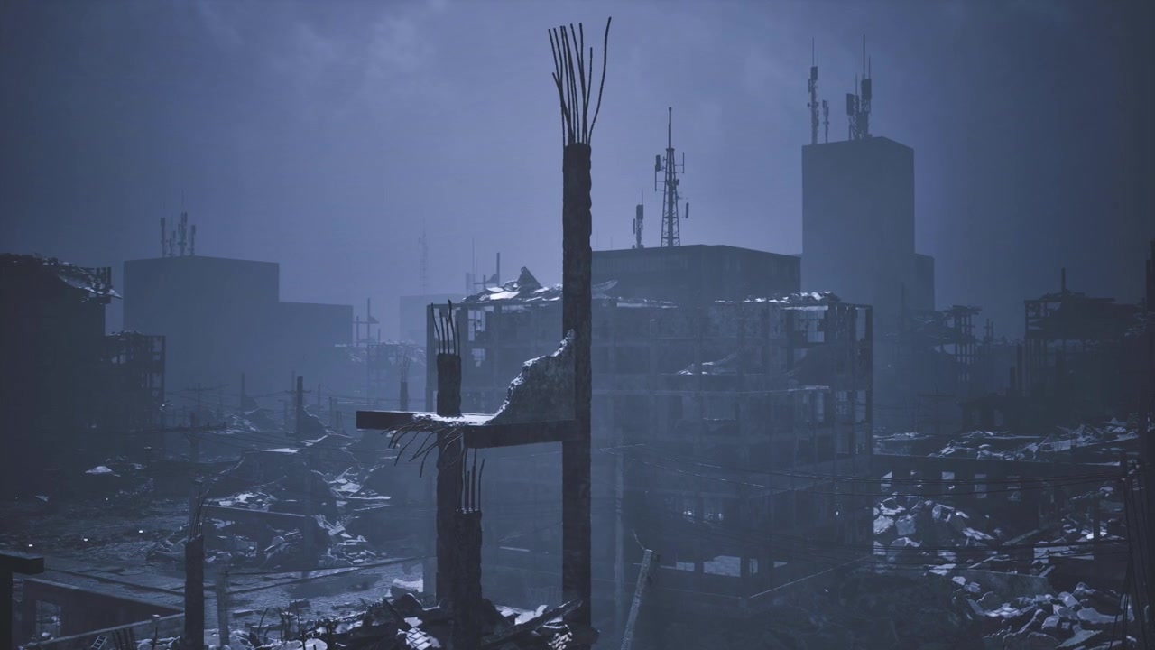 Rovine di città notturne, scena inquietante post-apocalittica di paesaggio urbano abbandonato