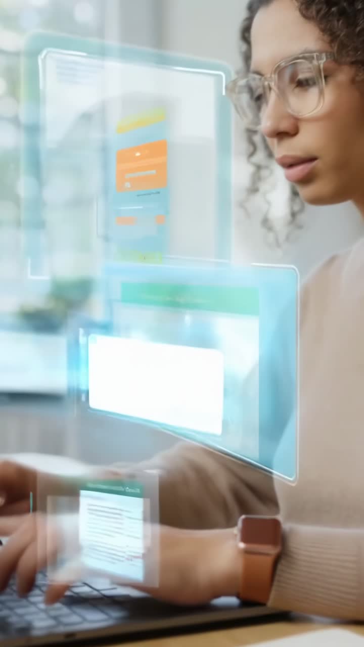 Side angle of a person typing with floating digital interfaces, futuristic video concept