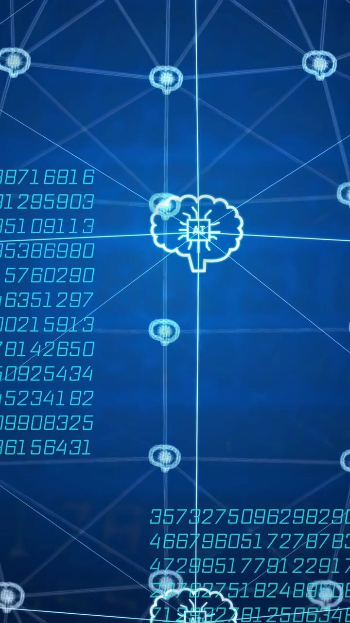 Vertical video: Central AI column reacting to crosshair, streaming digits, lighting links for tech