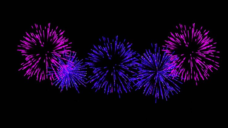 Animation of pink and purple christmas and new year fireworks exploding in night sky