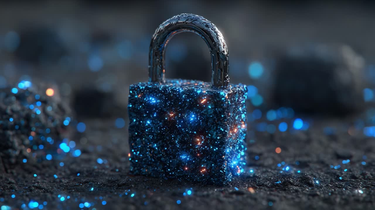 A Captivating Glimmering Padlock Residing in a Cosmic Landscape of Sparkling Particles and Textured Surfaces, Symbolizing Security and Mystery