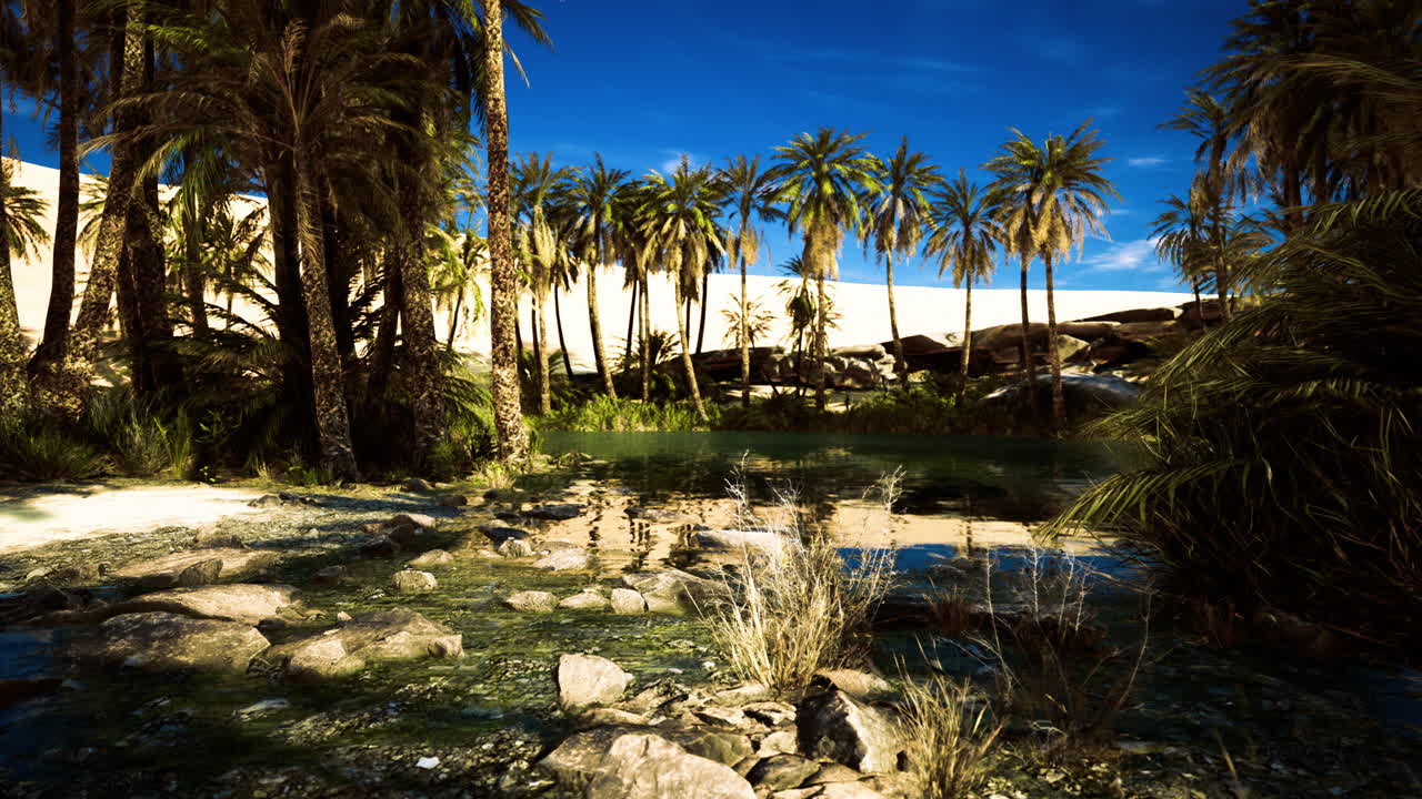 oasis exuberante rodeado de palmeras y terreno rocoso en un paisaje desértico