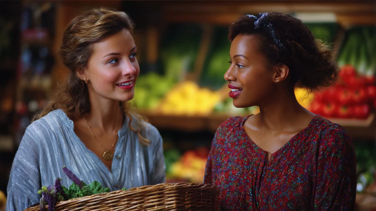 A delightful interaction between two women in a vibrant market, sharing smiles while holding a basket filled with fresh produce, showcasing a moment of connection and joy in a colorful setting
