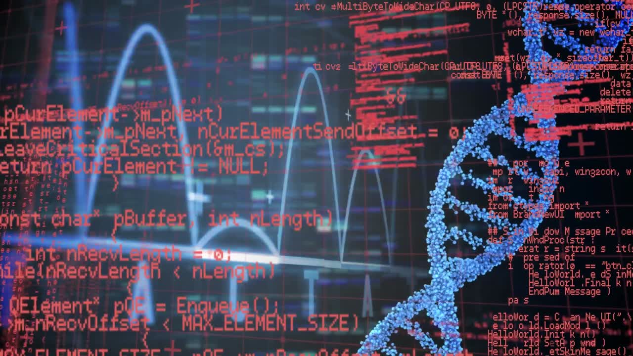 Animation of dna strand over data processing shapes on black background