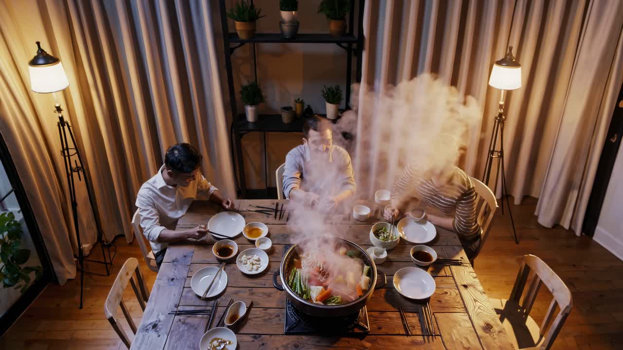 Overhead video shot of friends enjoying a hot pot meal at a rustic wooden table, surrounded by warm