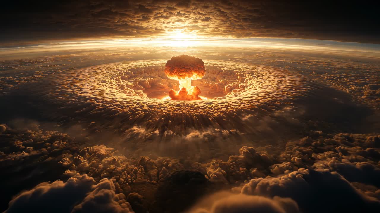 Erupting mushroom-shaped column expanding upward above clouds with shockwave ring, far horizon