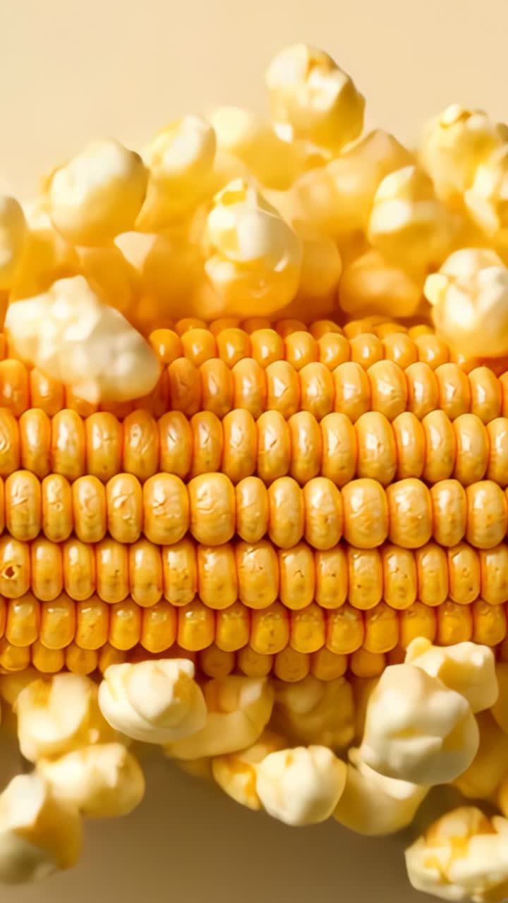 Pystyvideo: Popcornin valmistus – kuivat maissinjyvät poksahtelevat ilmaan kuivatun maissintähkän ympärillä beigellä pöydällä