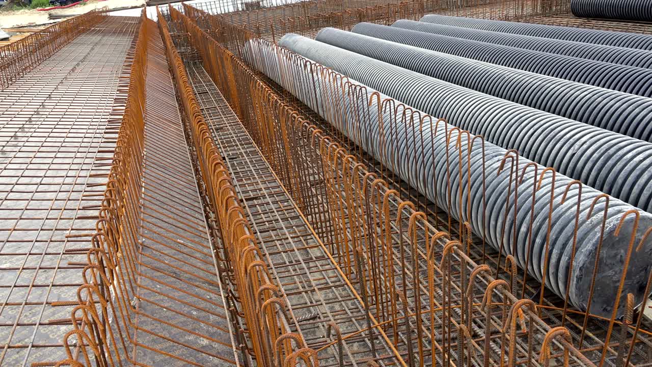 Foundation site of new building, details and reinforcements with steel bars