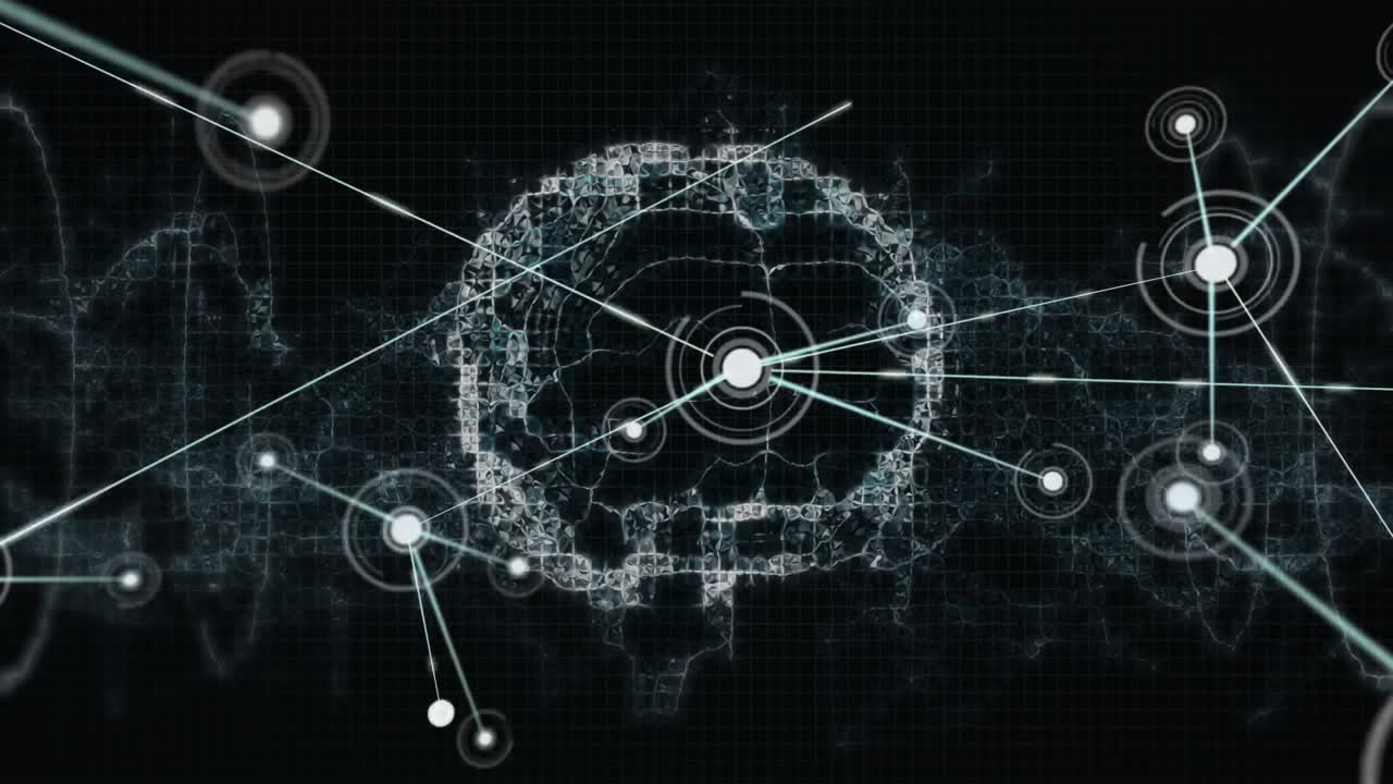 Pulsing core node starting grid wave emerging as brain shape forming, nodes sliding linking network