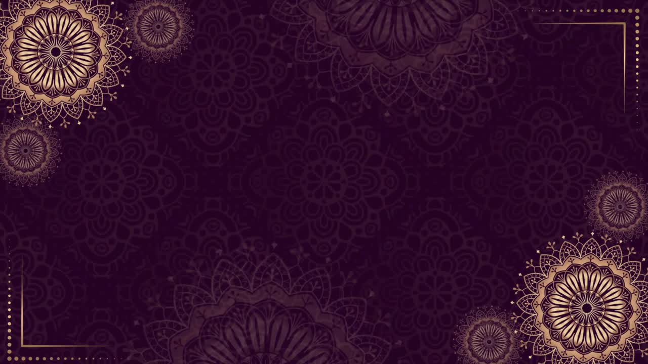 Fondo de mandala dorado y morado. Animación de lujo folclórico. Para yoga, diseño. Bucle de flores abstractas doradas y moradas VP 004