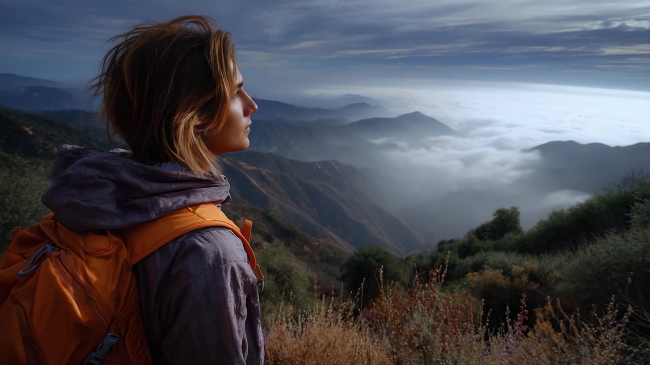 Un escursionista sereno osserva un paesaggio nebbioso all'alba, circondato da montagne e nuvole, catturando la bellezza della natura e la calma del cielo mattutino.