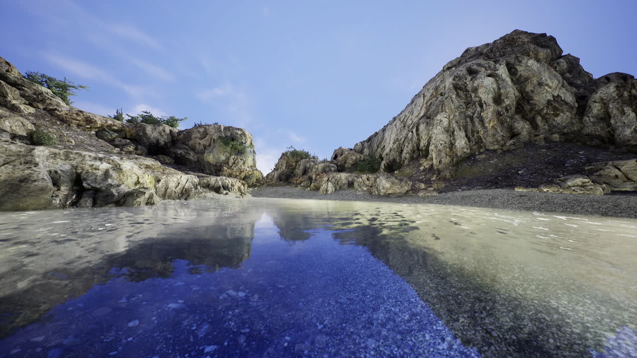 Scenic coastal landscape with clear blue water and rocky formations at sunrise