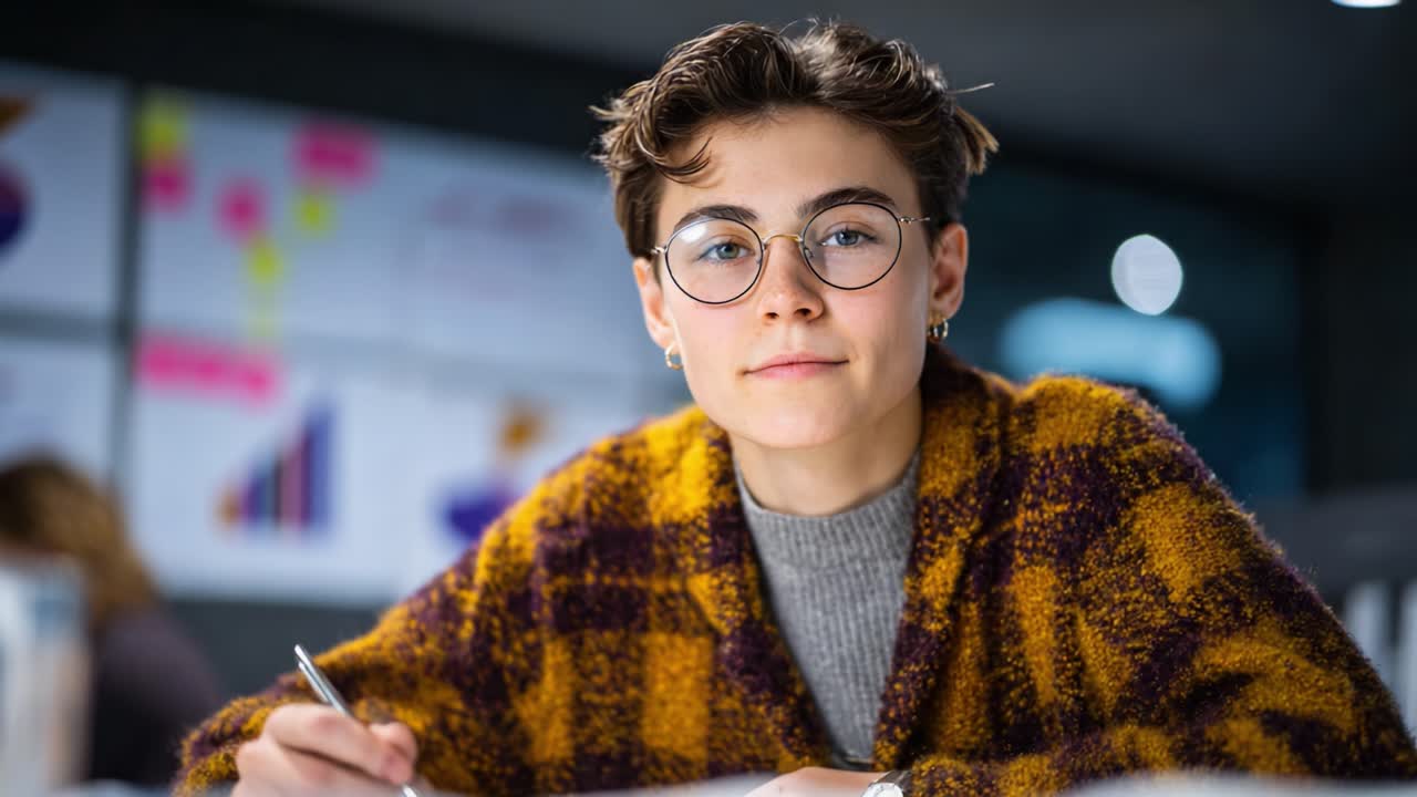 Focused Student in Cozy Sweater Studying in Modern Space, Engaged in Learning with Notes and Visual Aids in Background, Exuding Determination and Curiosity