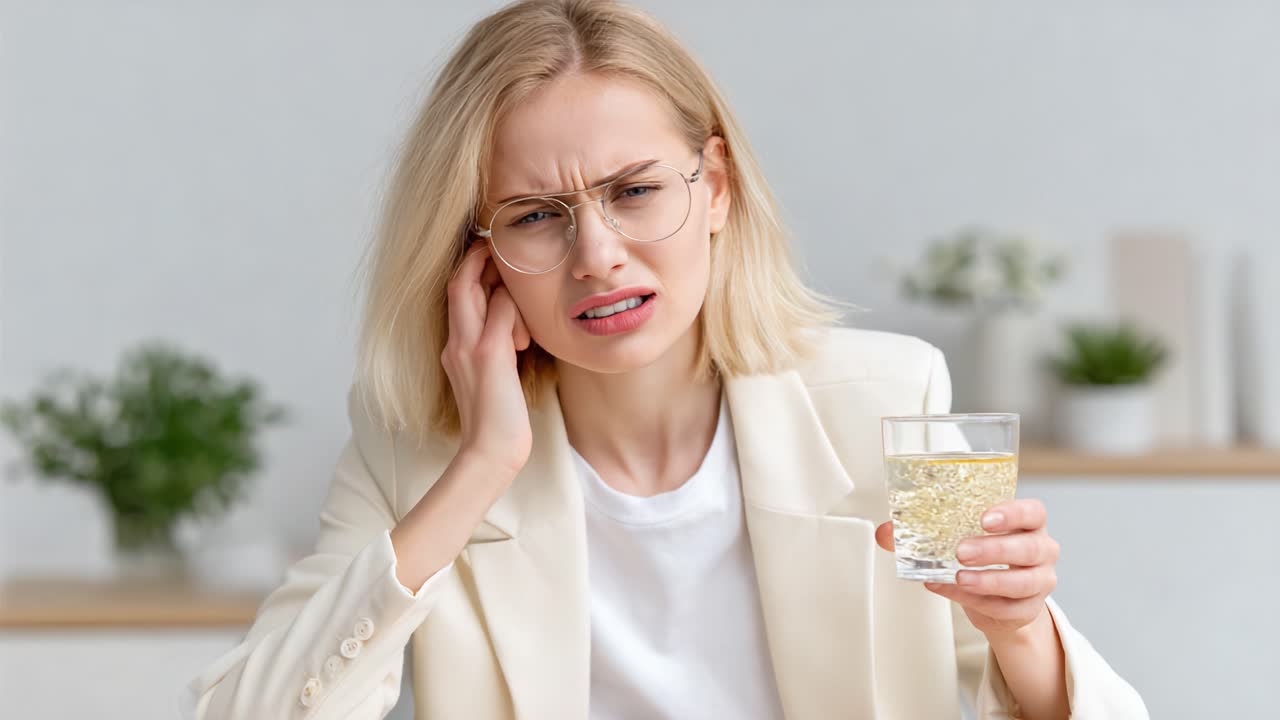 A Woman with Glass in Hand Showing Signs of Discomfort, Struggling with Ear Pain, Captured in a Bright, Modern Indoor Setting with Minimalistic Decor
